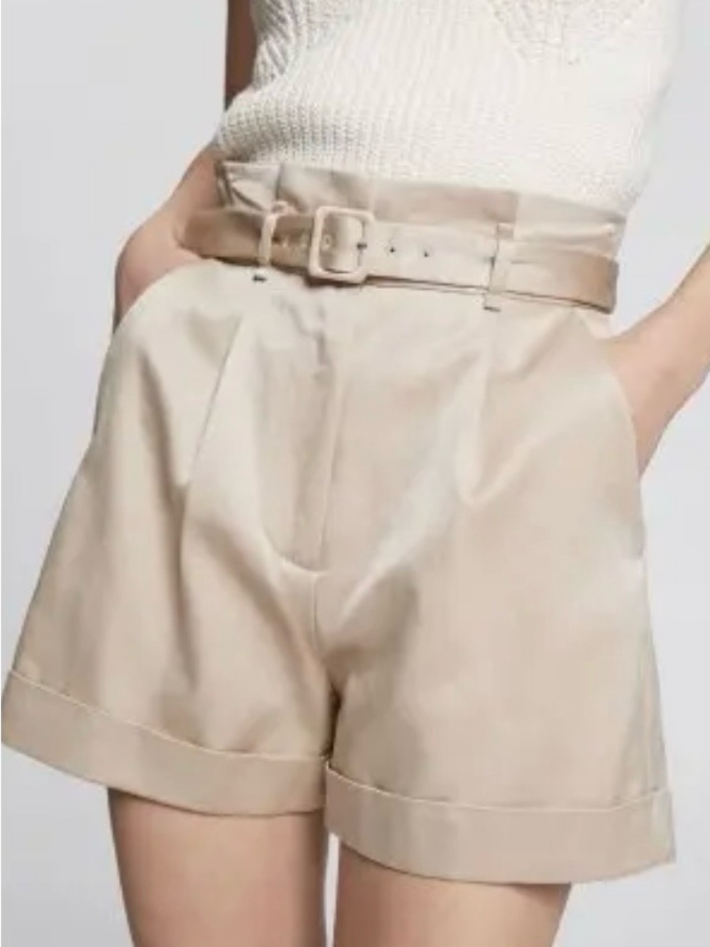 & Other Stories Satin High-Waist Belted Shorts - Creamy Beige